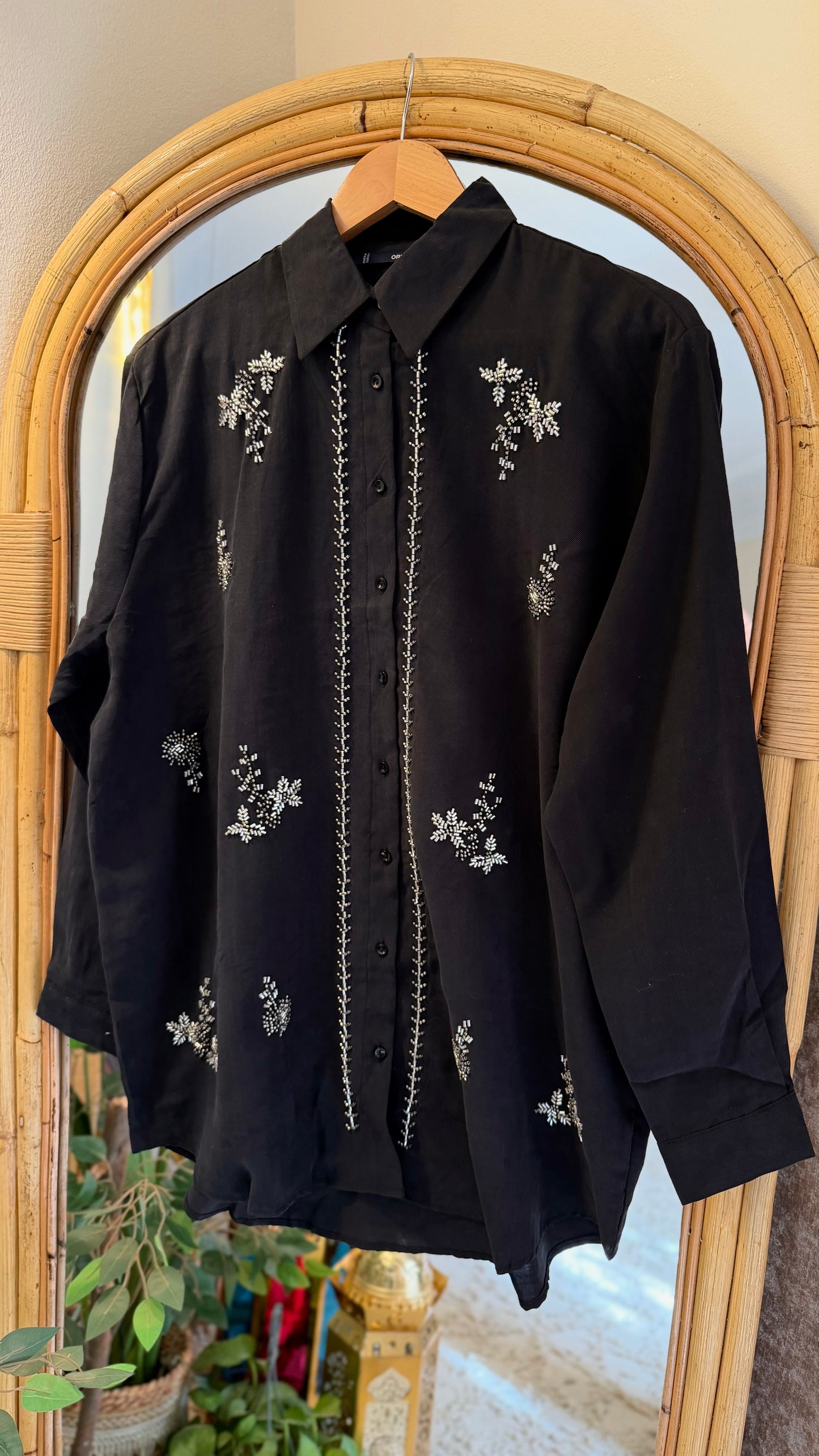 Black Linen Bead-Embellished Shirt