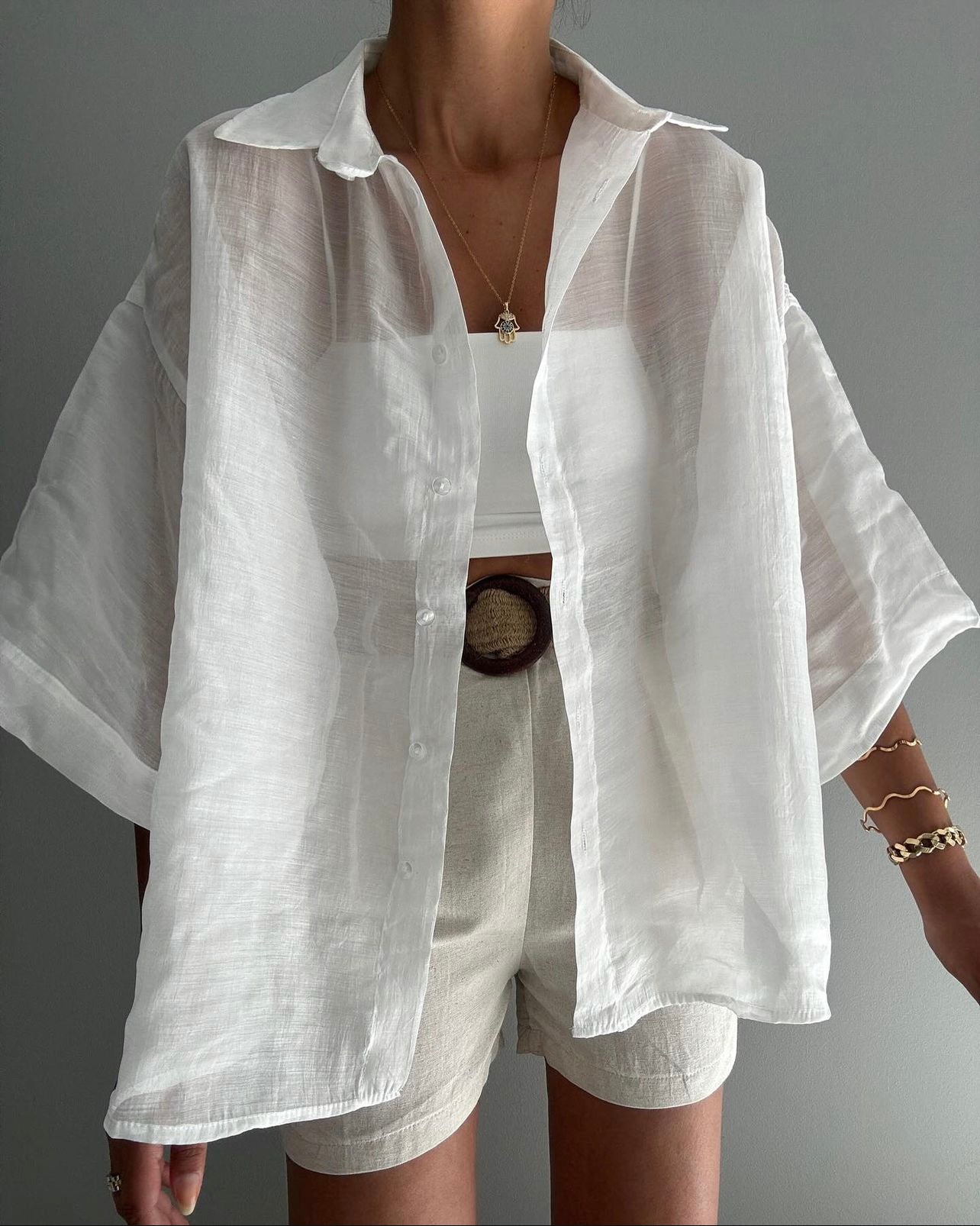 White Oversized 3/4 Sleeve Shirt