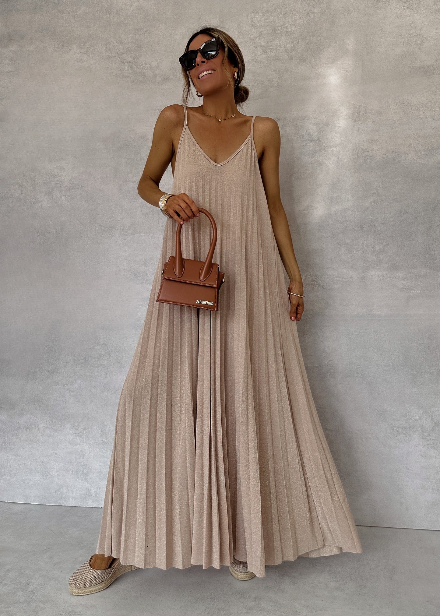 Beige Pleated Straps Italian Dress