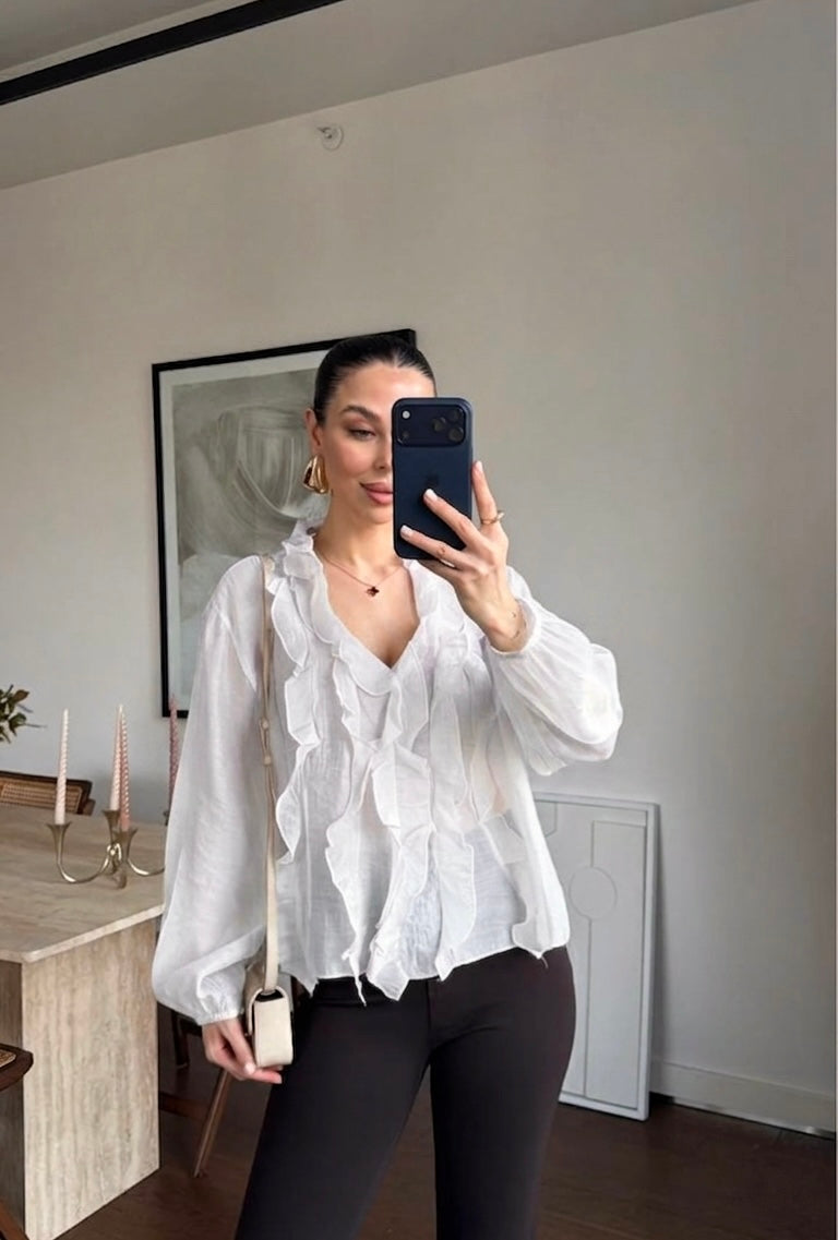 White Ruffles V Neck Blouse