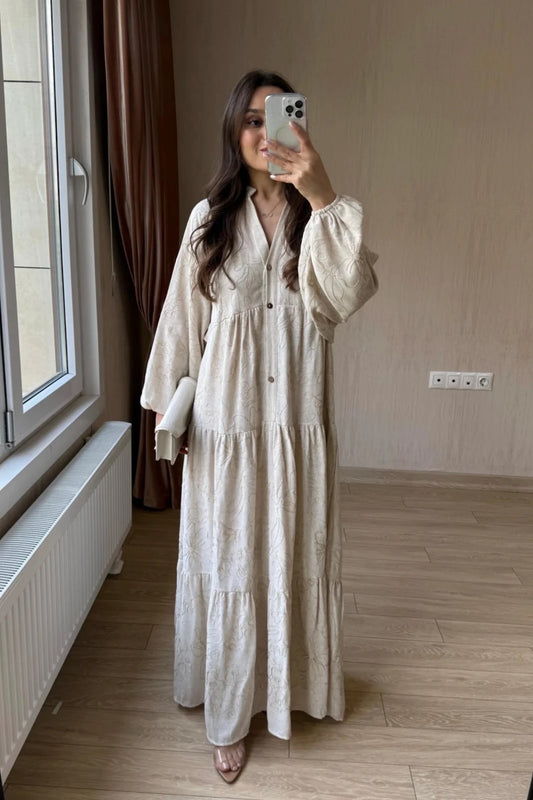 Beige Embroidered Floral Cotton Wide Dress
