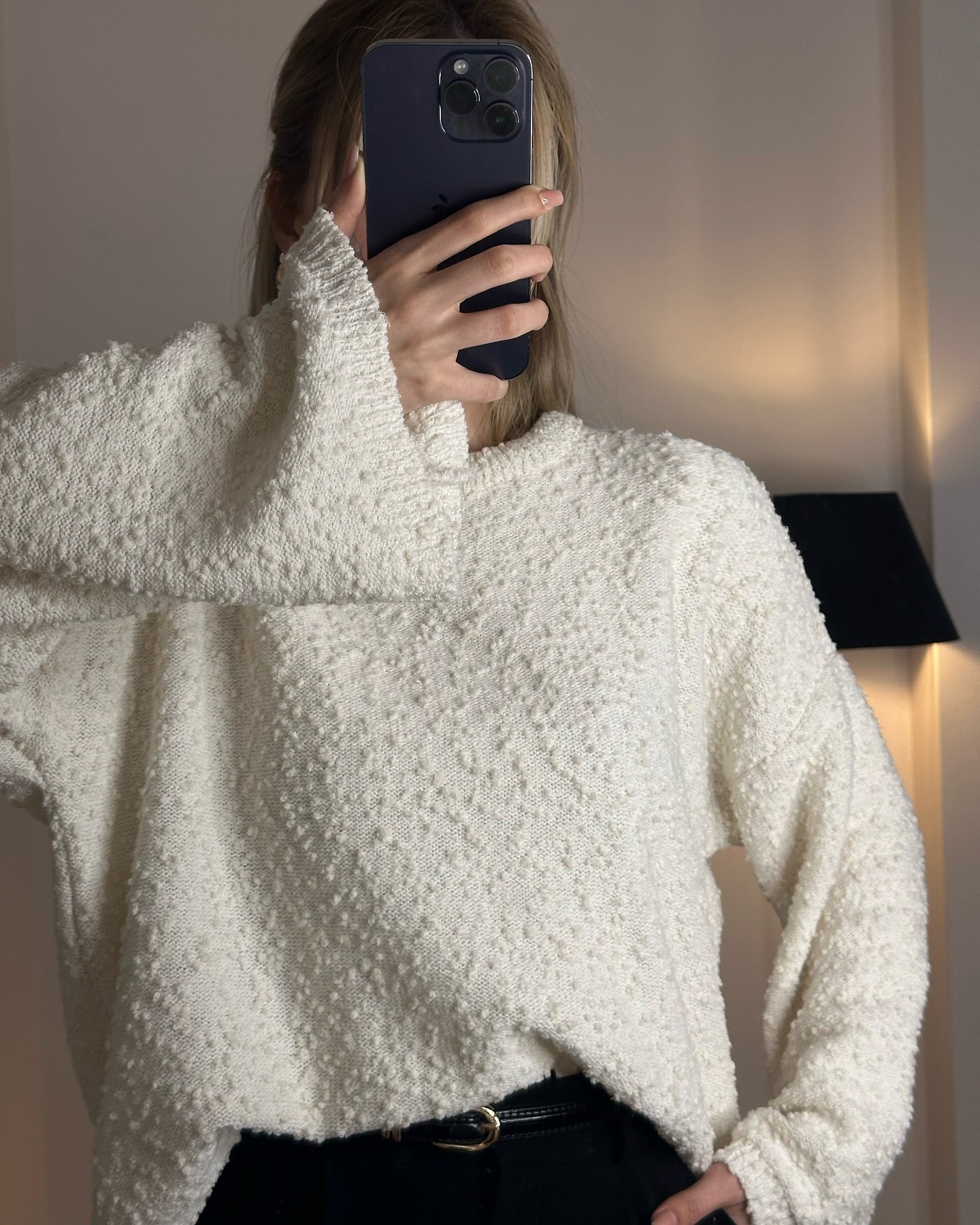 Off White Round Neck Stitch Pullover