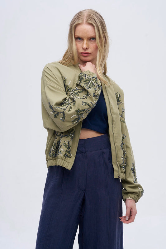 Olive Embroidered Bomber Jacket