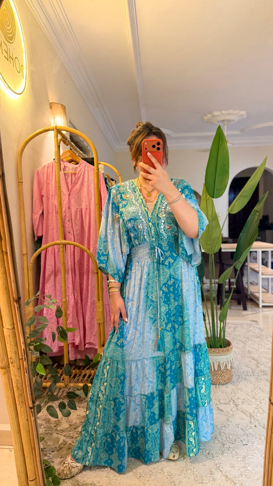 The Italian Green Elastic Waist Dress With Embroidery & Tassels