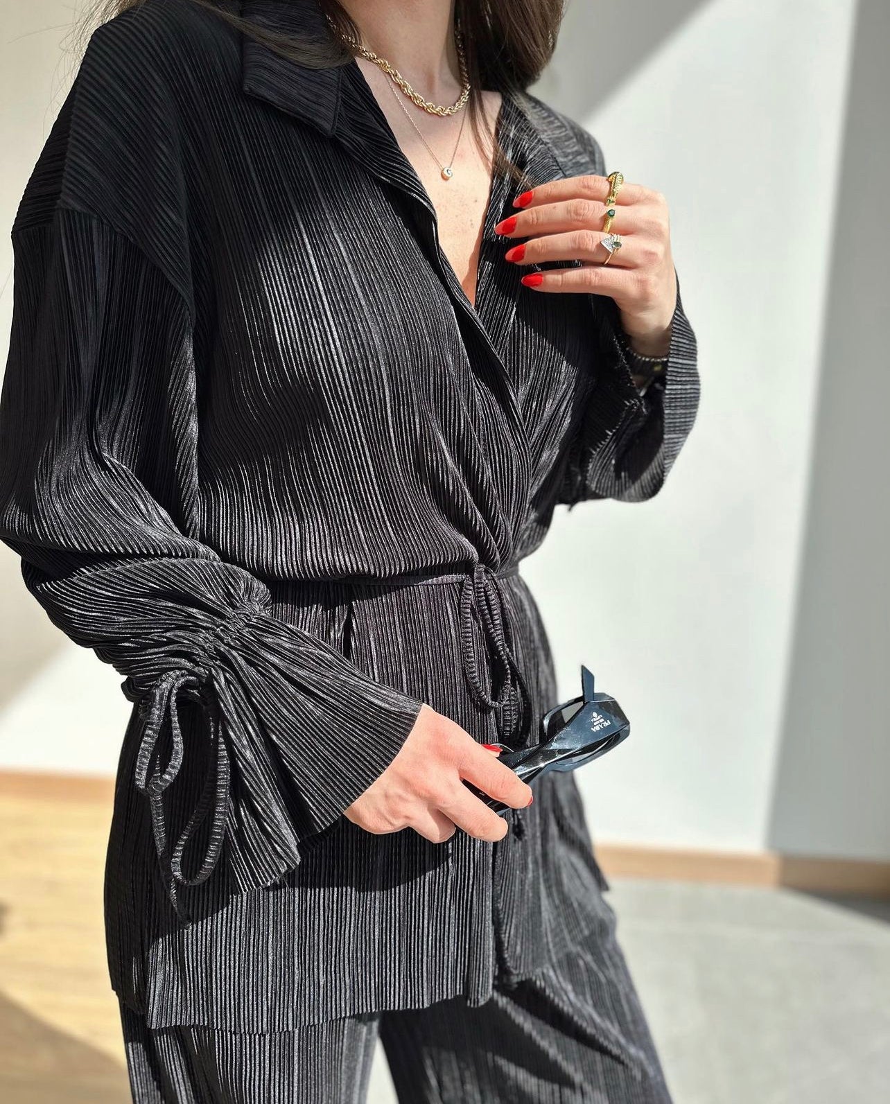 Black Pleated Kimono Set