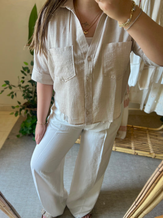 Beige Linen Half Sleeves Shirt