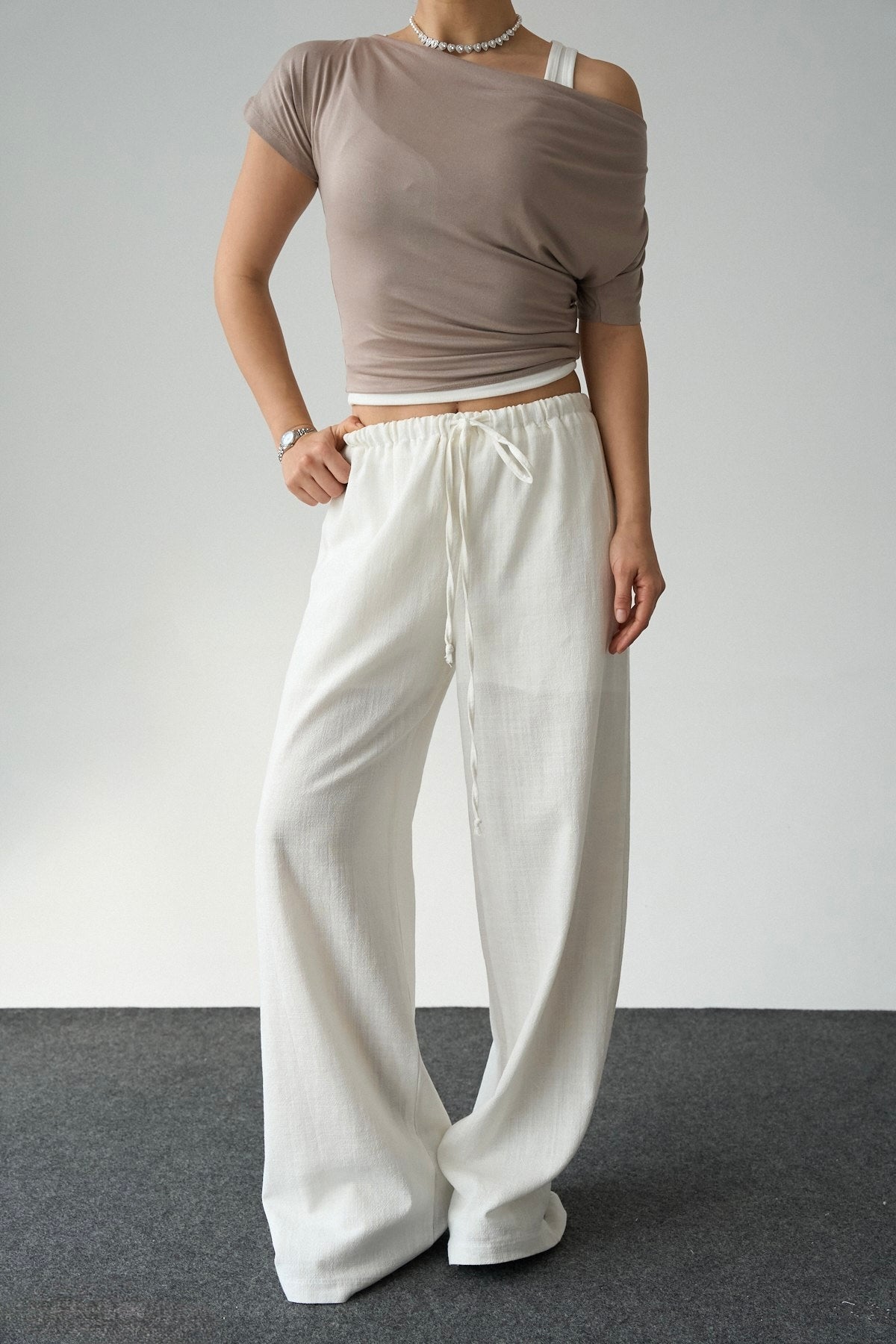 Linen White Straight Pants With Elastic Waist