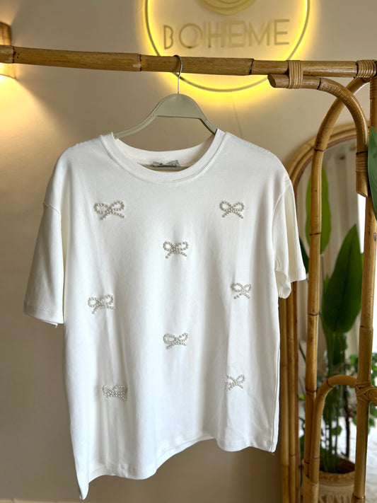 Pearl Bow Off White T-Shirt