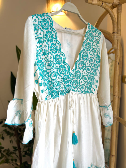 White Turquoise Embroidered Cut Out Dress With Tassel