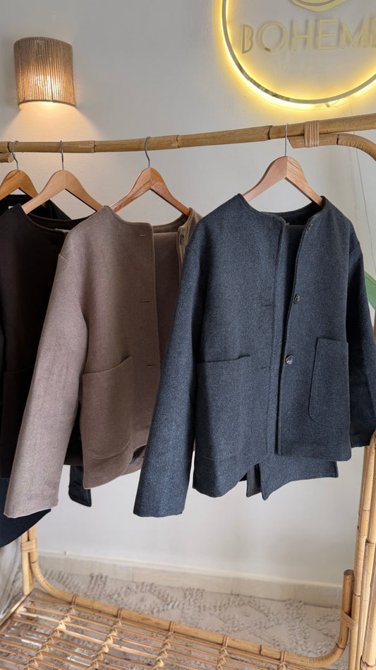 Black Wool Jacket With Pockets & Detachable Scarf