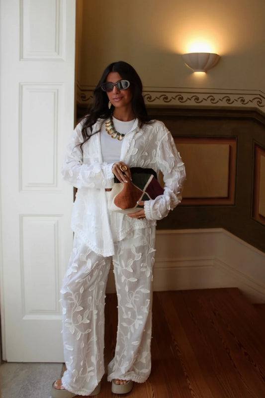 White Floral Petals Straight Leg Pants