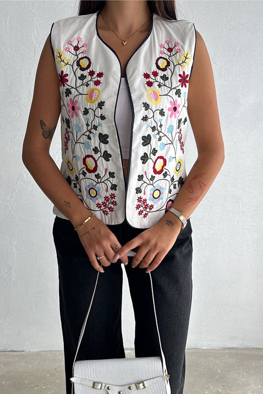 Floral White Embroidered Vest