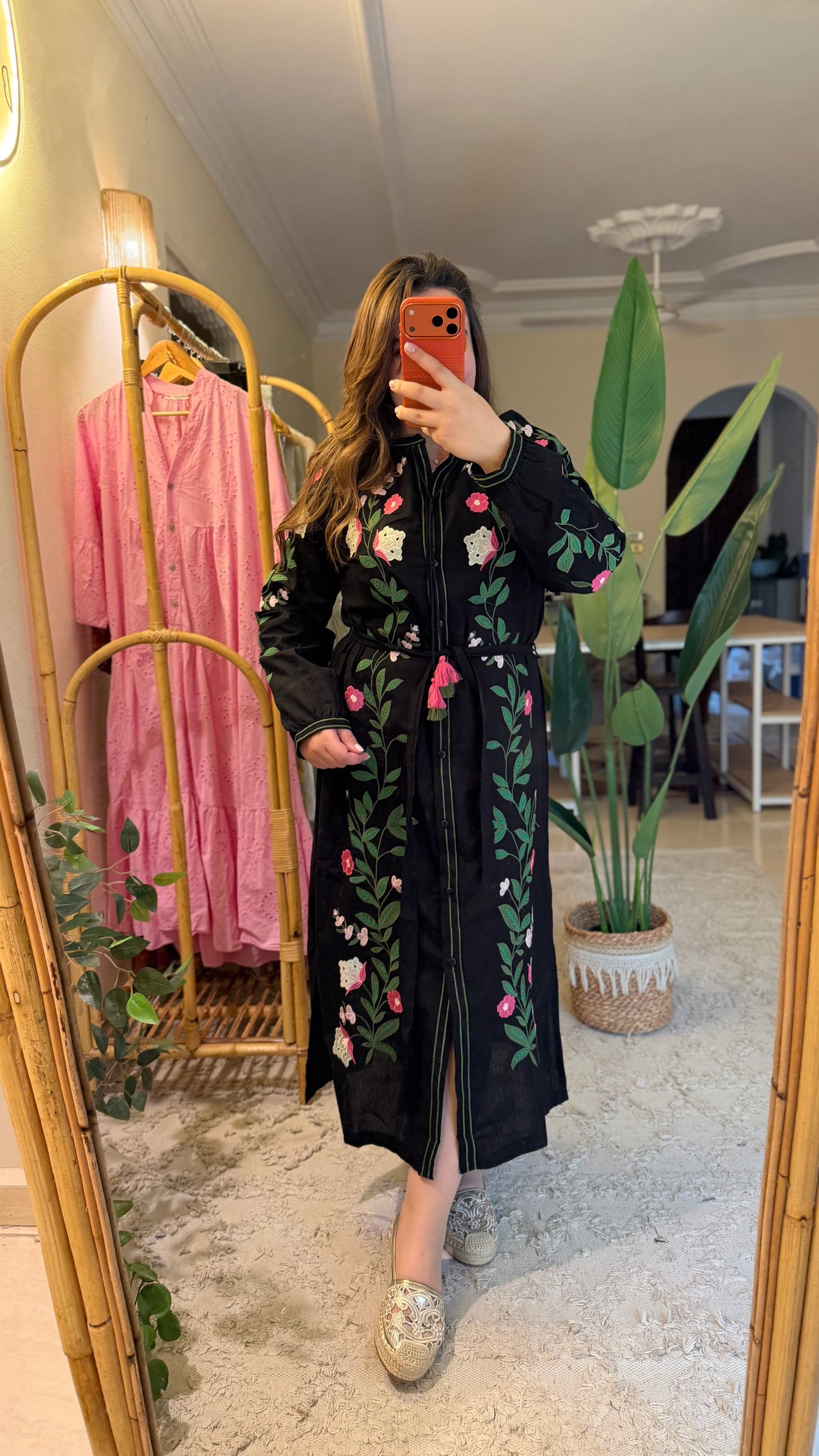 Black Floral Embroidered Belted Dress