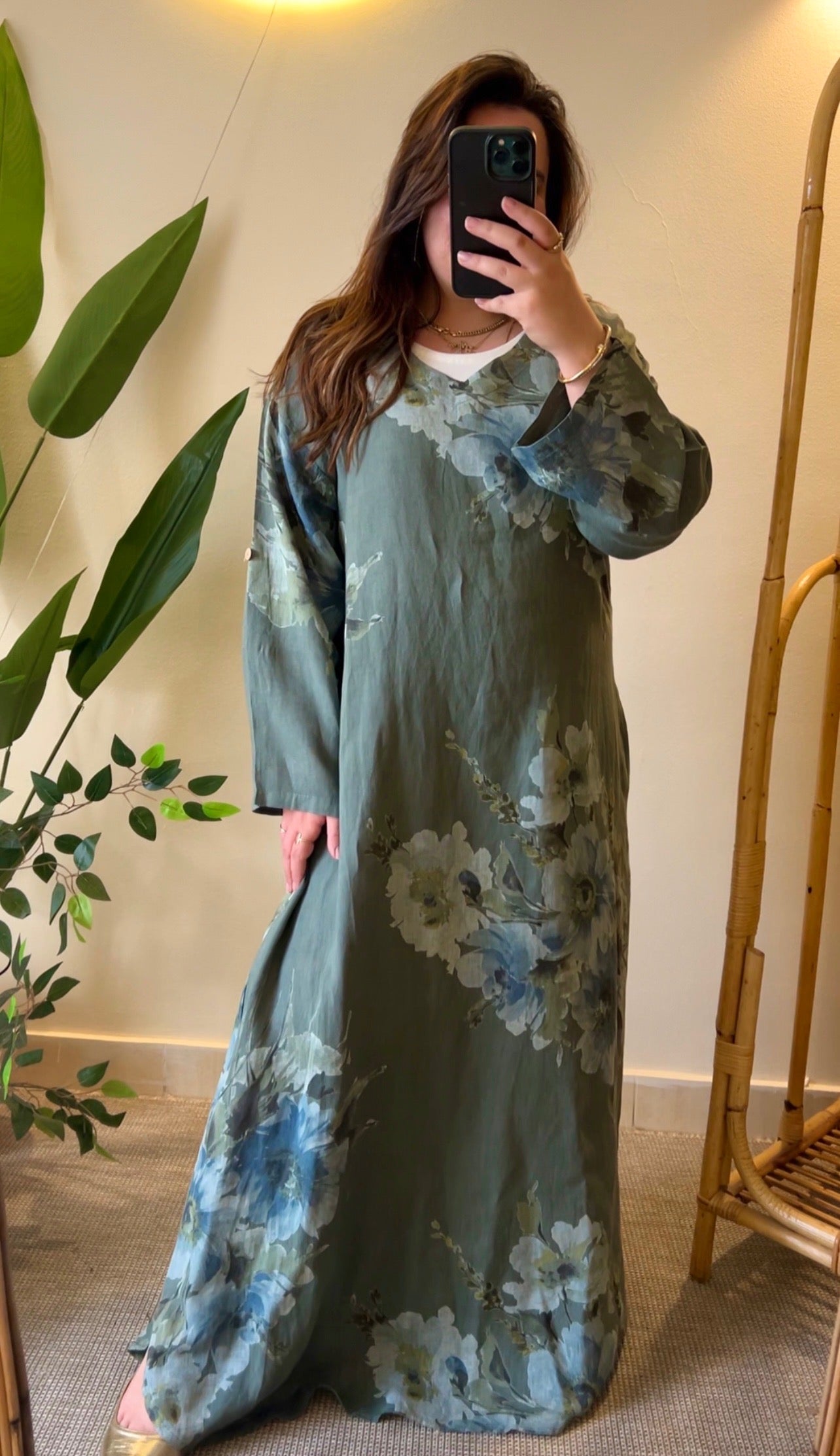 Italian Linen Olive Floral Maxi Dress
