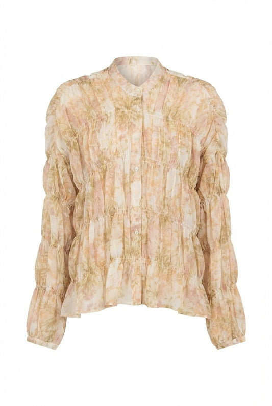 Beige Smocked Chiffon Vintage Blouse