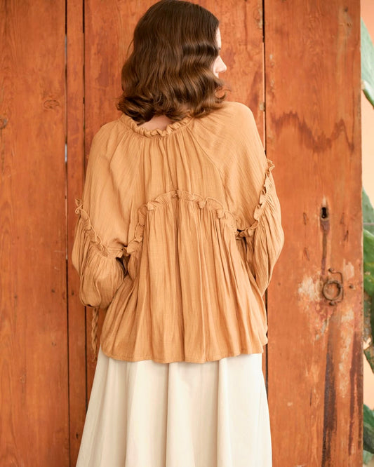 Camel Cotton Ruffle Blouse