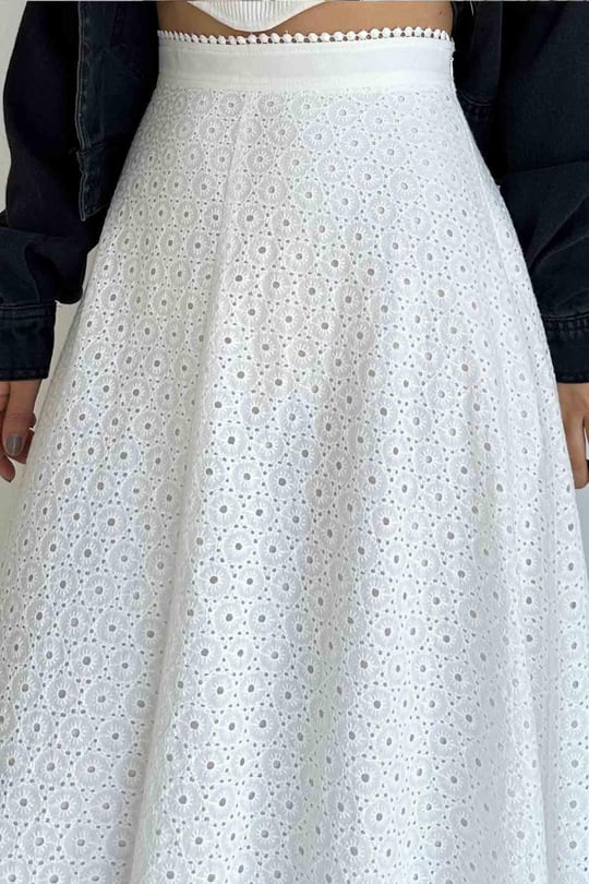 White Embroidered Cut Out Skirt