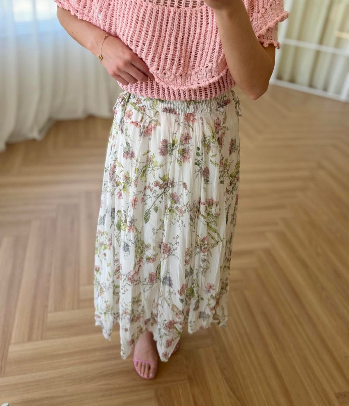Floral White Asymmetrical Chiffon Skirt