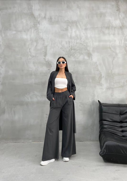 Grey Elastic Waist Gabardine Wide Pants