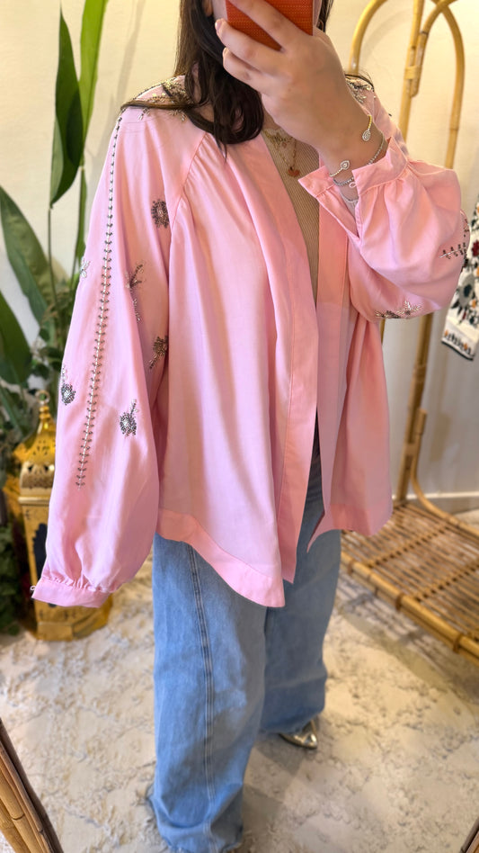 Pink Floral Bead-Embellished Kimono