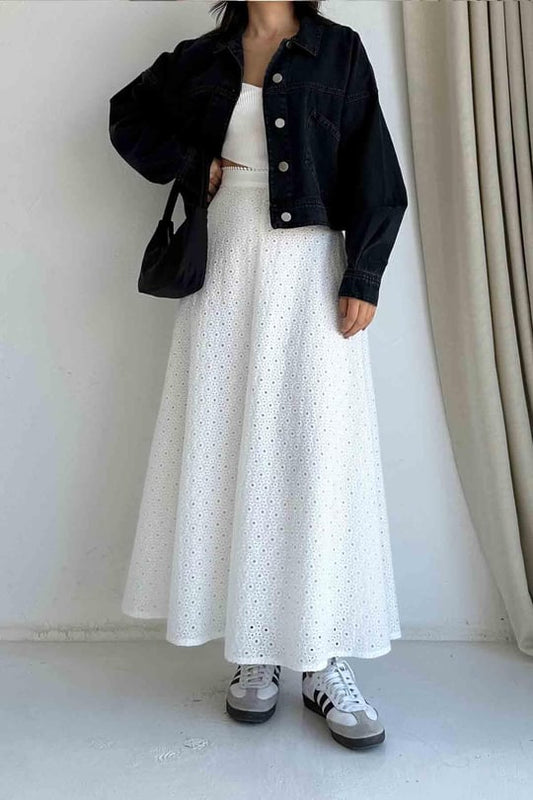 White Embroidered Cut Out Skirt