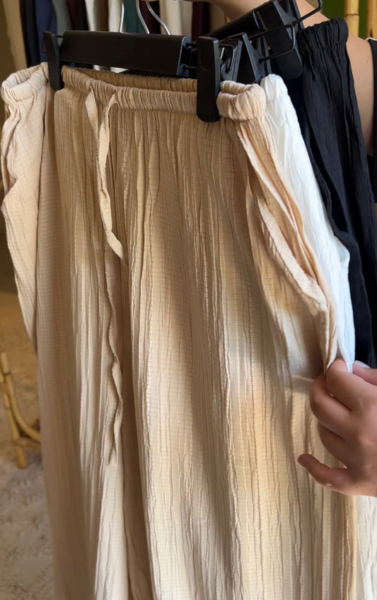 Crinkled Beige Wide Pants With Elastic Waist