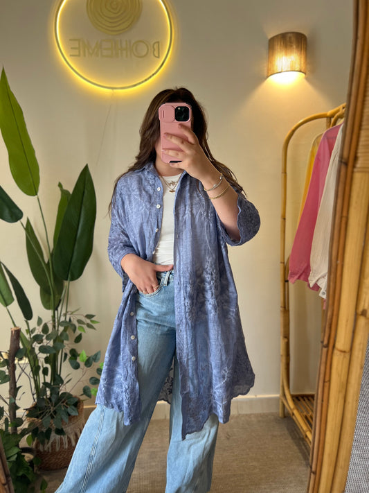 Blue Embroidered Floral Lace Long Shirt