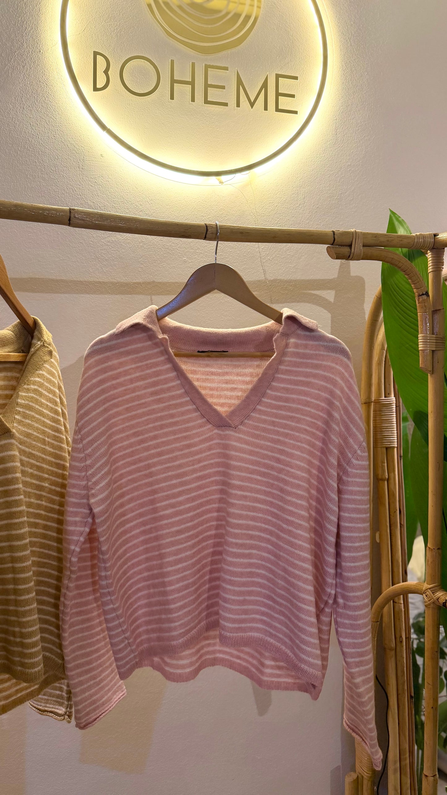 Baby Pink Striped Pullover With Polo Collar
