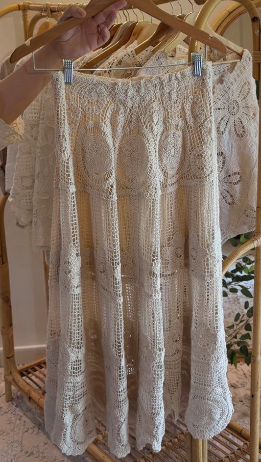 Cotton Lace & Crochet Beige Elastic Waist Skirt