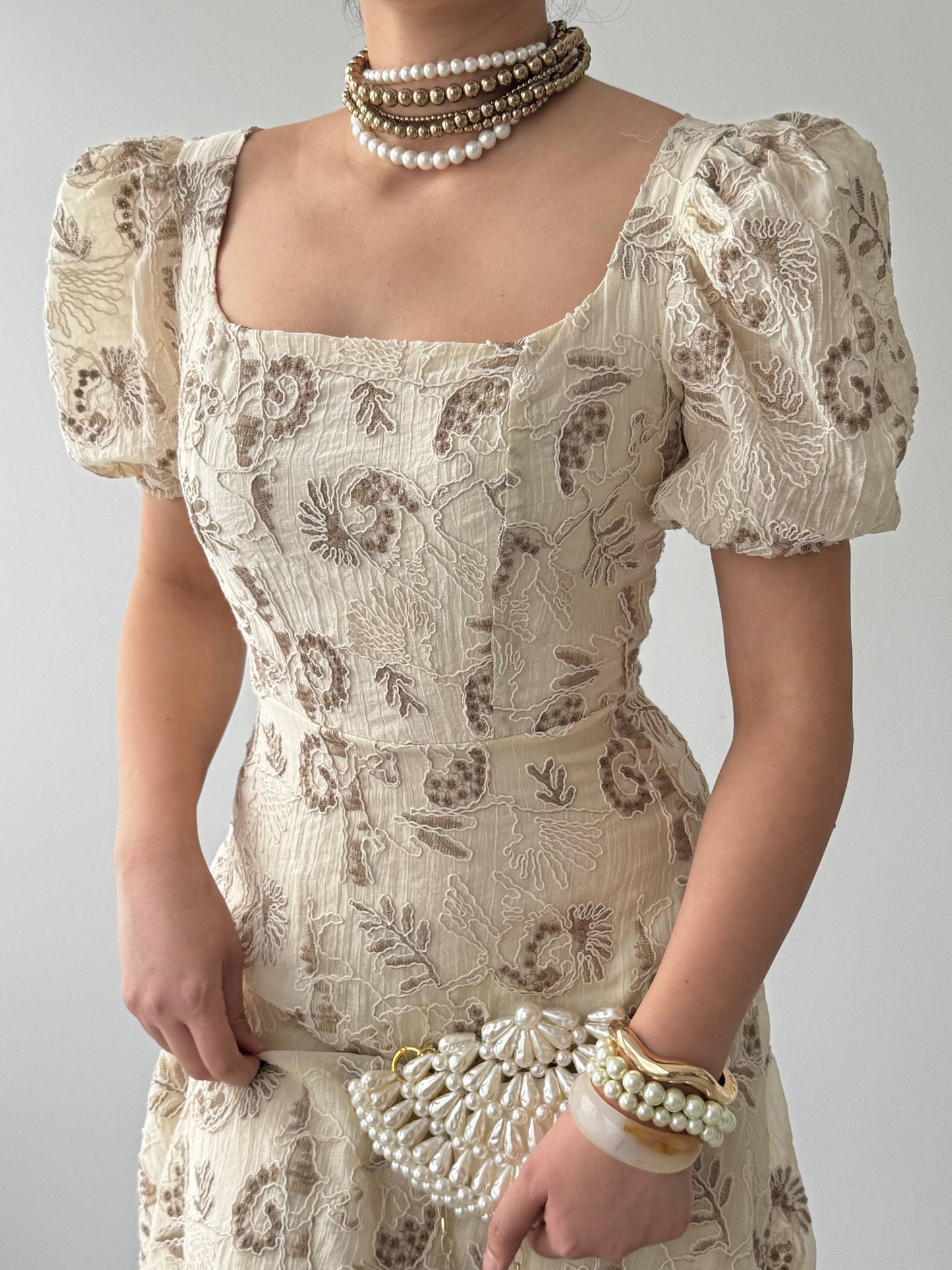 Beige Brown Vintage Embroidered Dress With Square Neck