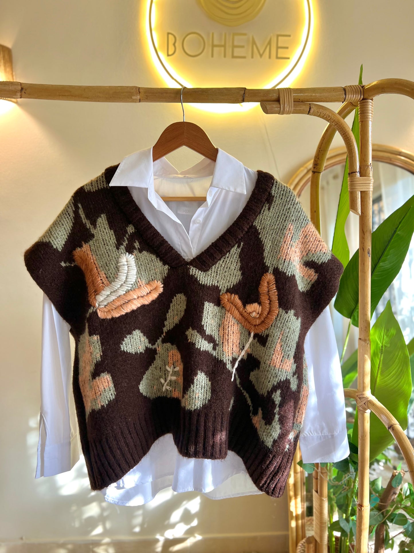 Embroidered Brown Multicolored V Neck Vest