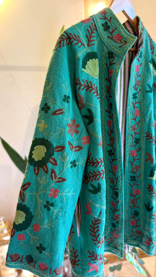 Aqua Green Suzani Embroidered Long Jacket