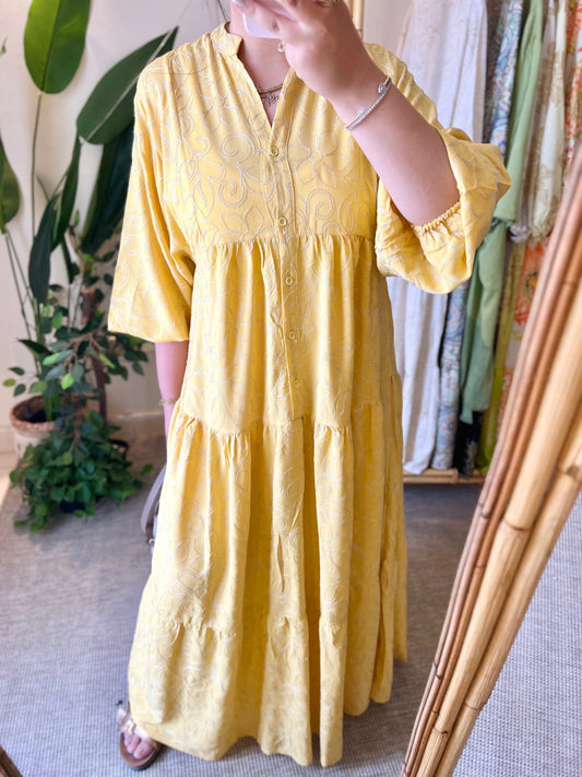 Yellow Embroidered Floral Cotton Wide Dress