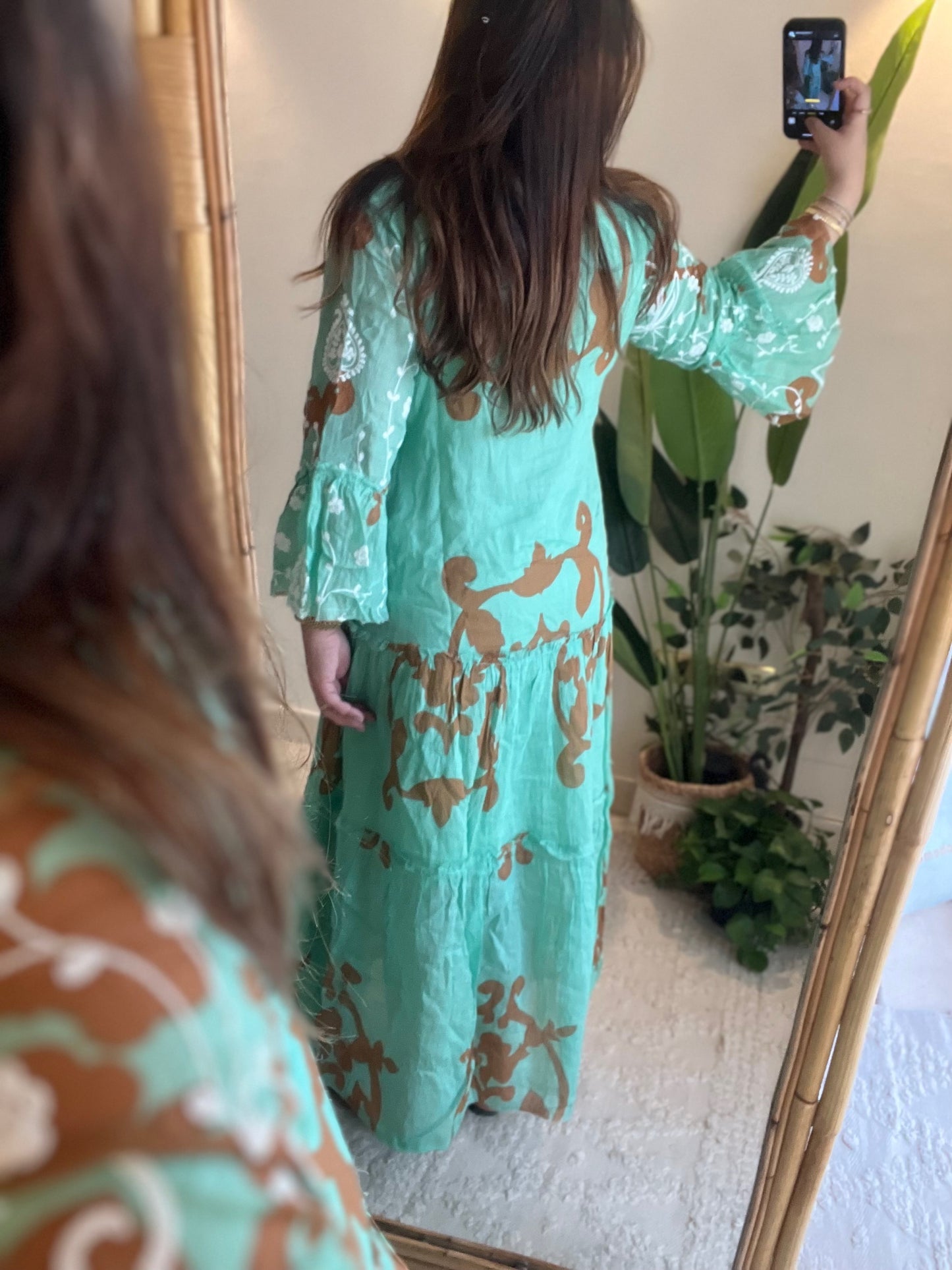 The French Aqua Brown Embroidered Paisley Dress