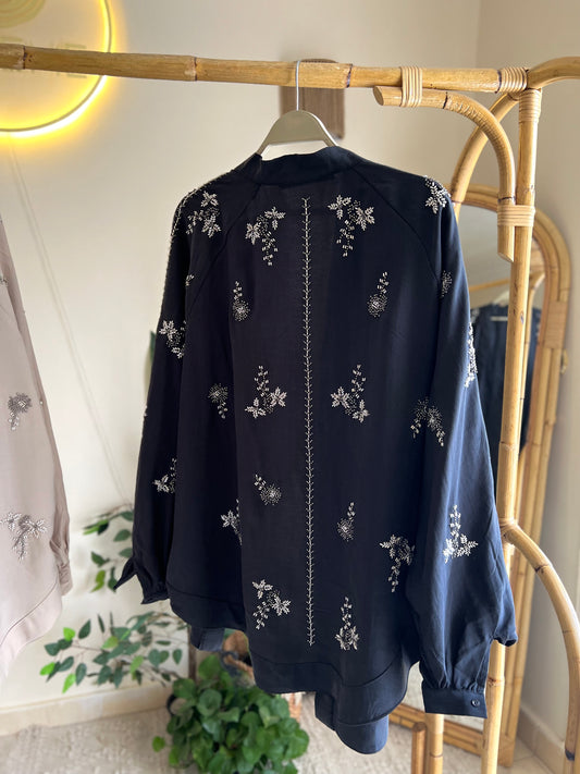 Grey Floral Bead-Embellished Kimono