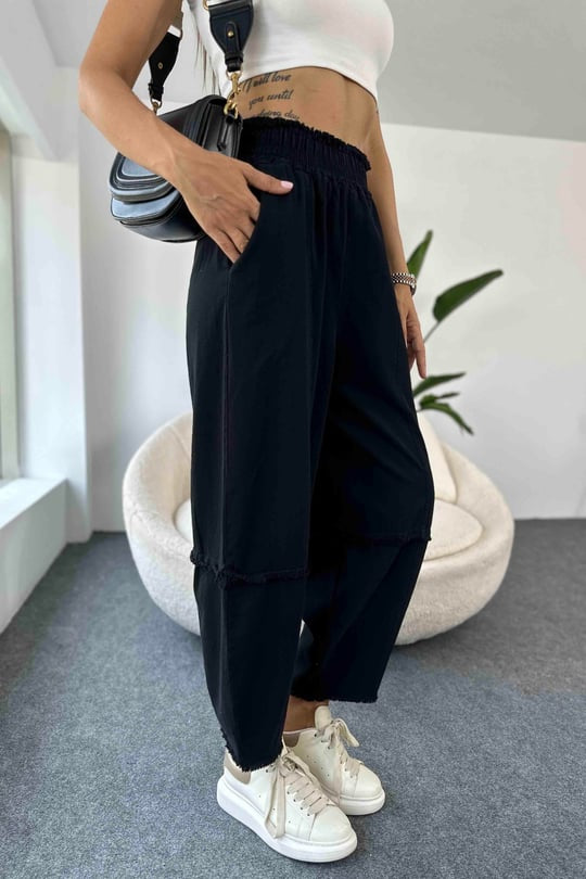 Black Elastic Waist Gabardine Pants