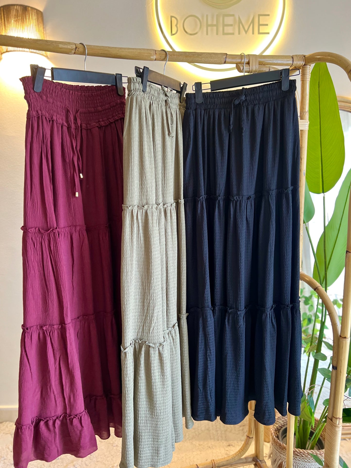 Burgundy Ruffled Elastic Waist Skirt