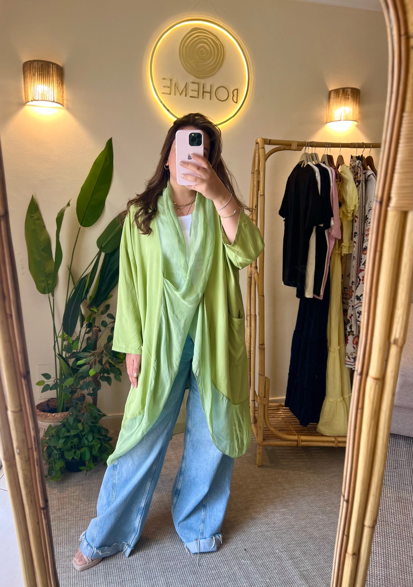 Italian Draped Collar Pistachio Cardigan Top With Pockets