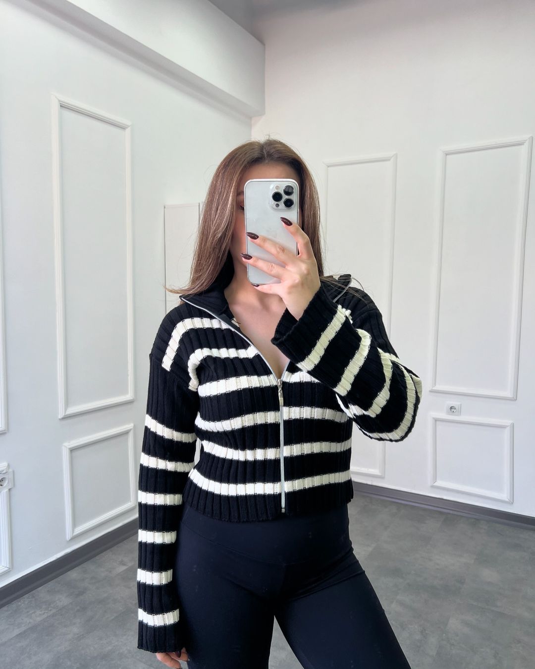 Black & White Striped Zipper Triko Jacket