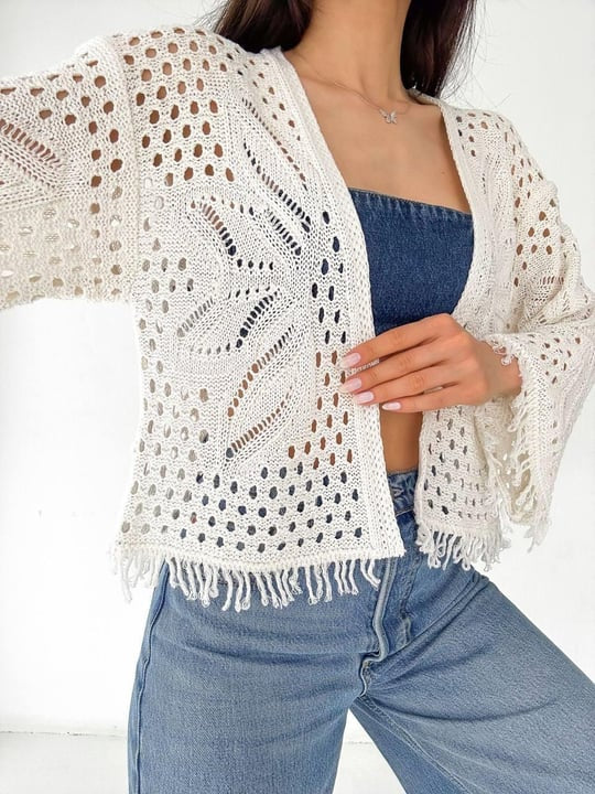 Off White Crochet Cardigan With Fringes