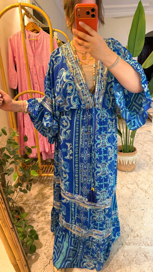 The Italian Blue Embroidery Dress With Tassels