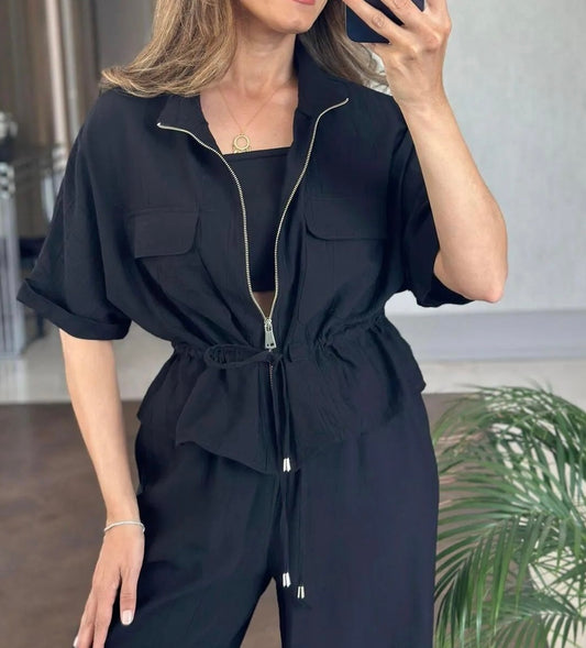 Black Zipped Jacket Crinkled Set