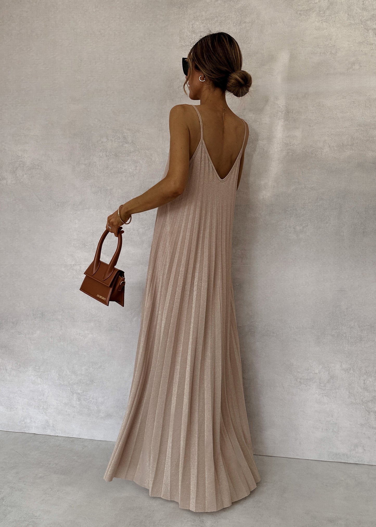 Beige Pleated Straps Italian Dress