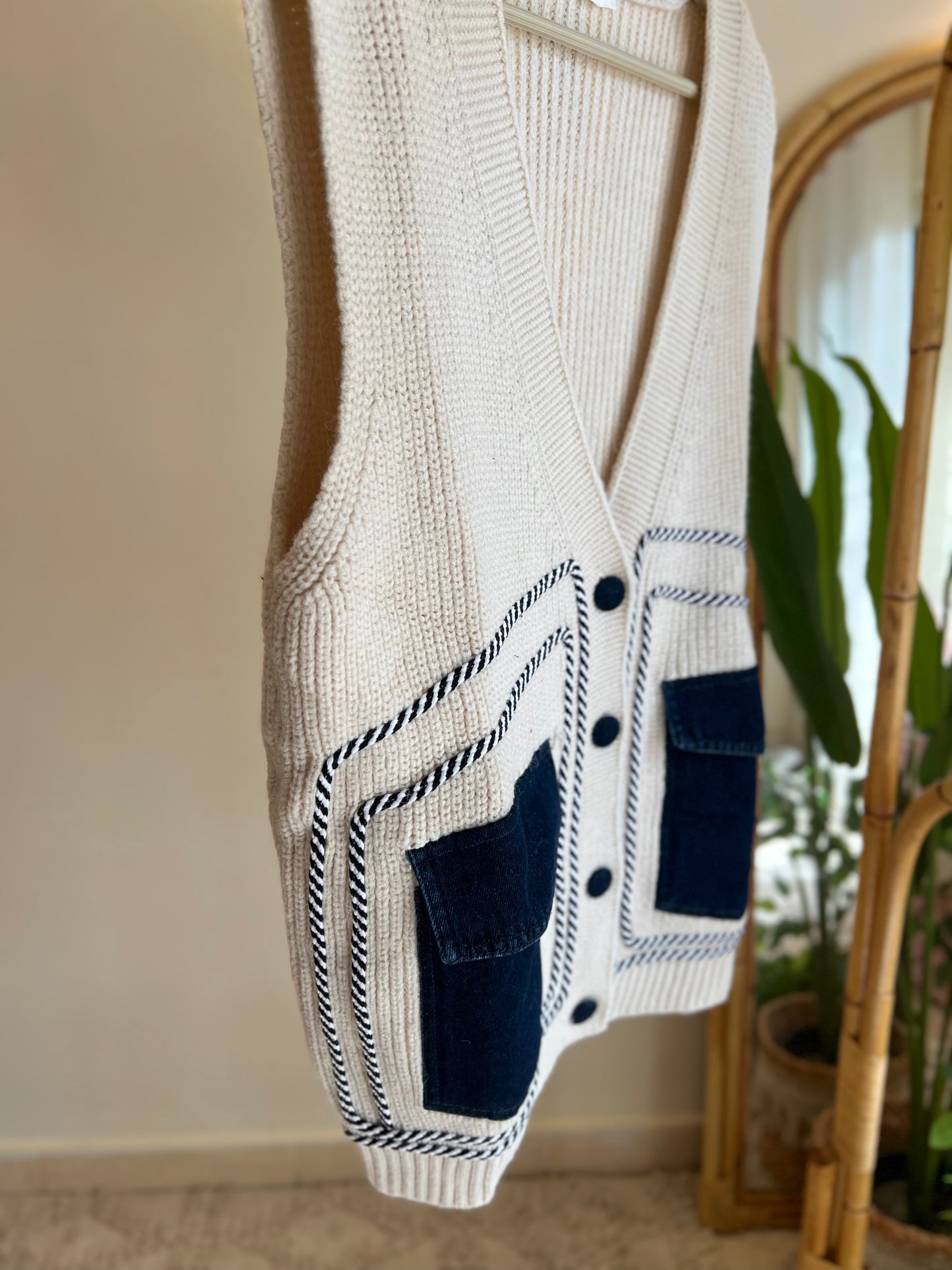 Cream Triko Patchwork Denim Vest With Pockets