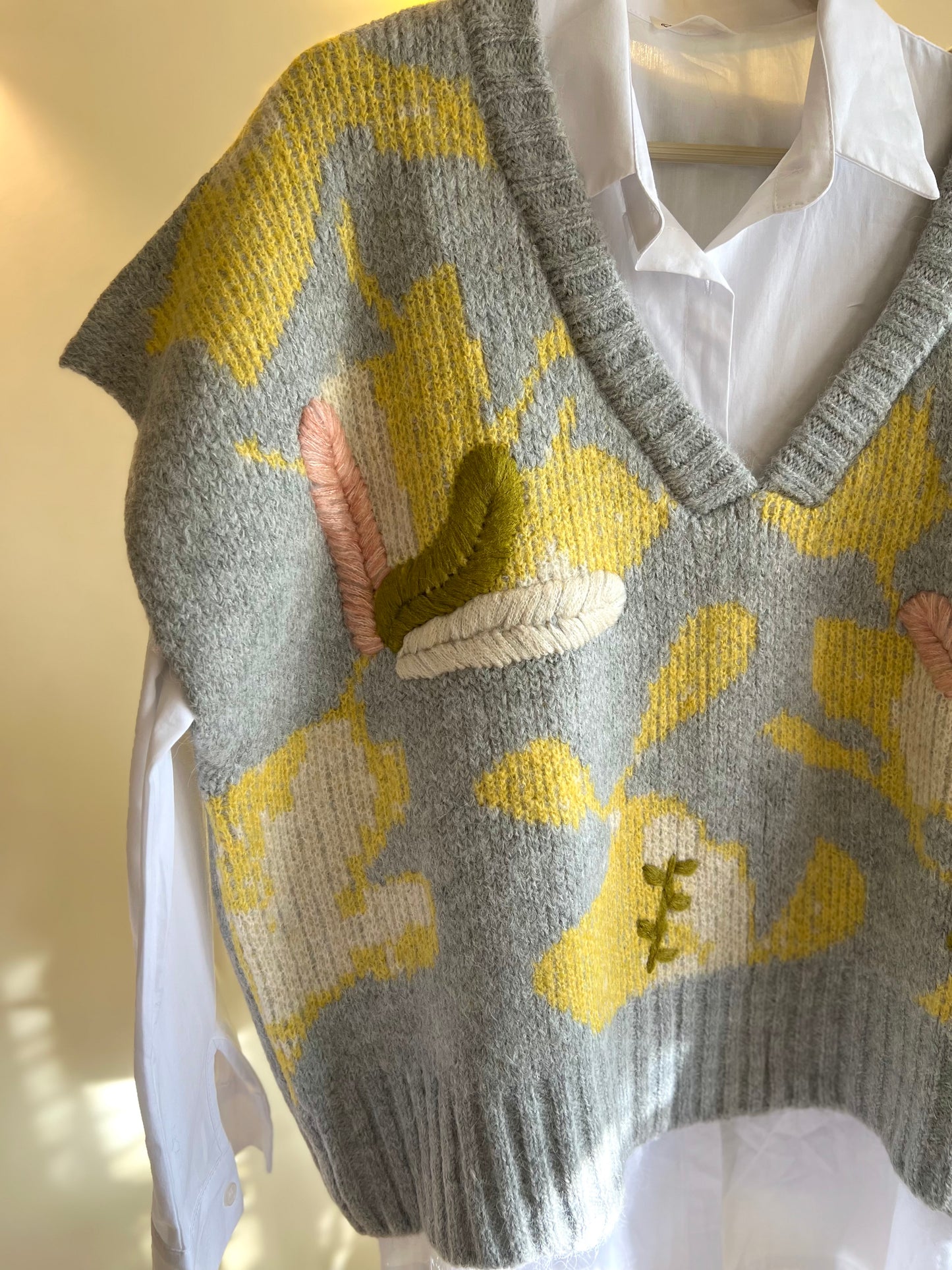 Embroidered Grey Multicolored V Neck Vest