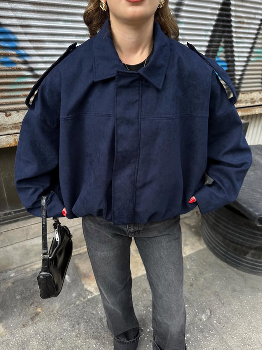 Navy Suede Jacket With Golden Zipper