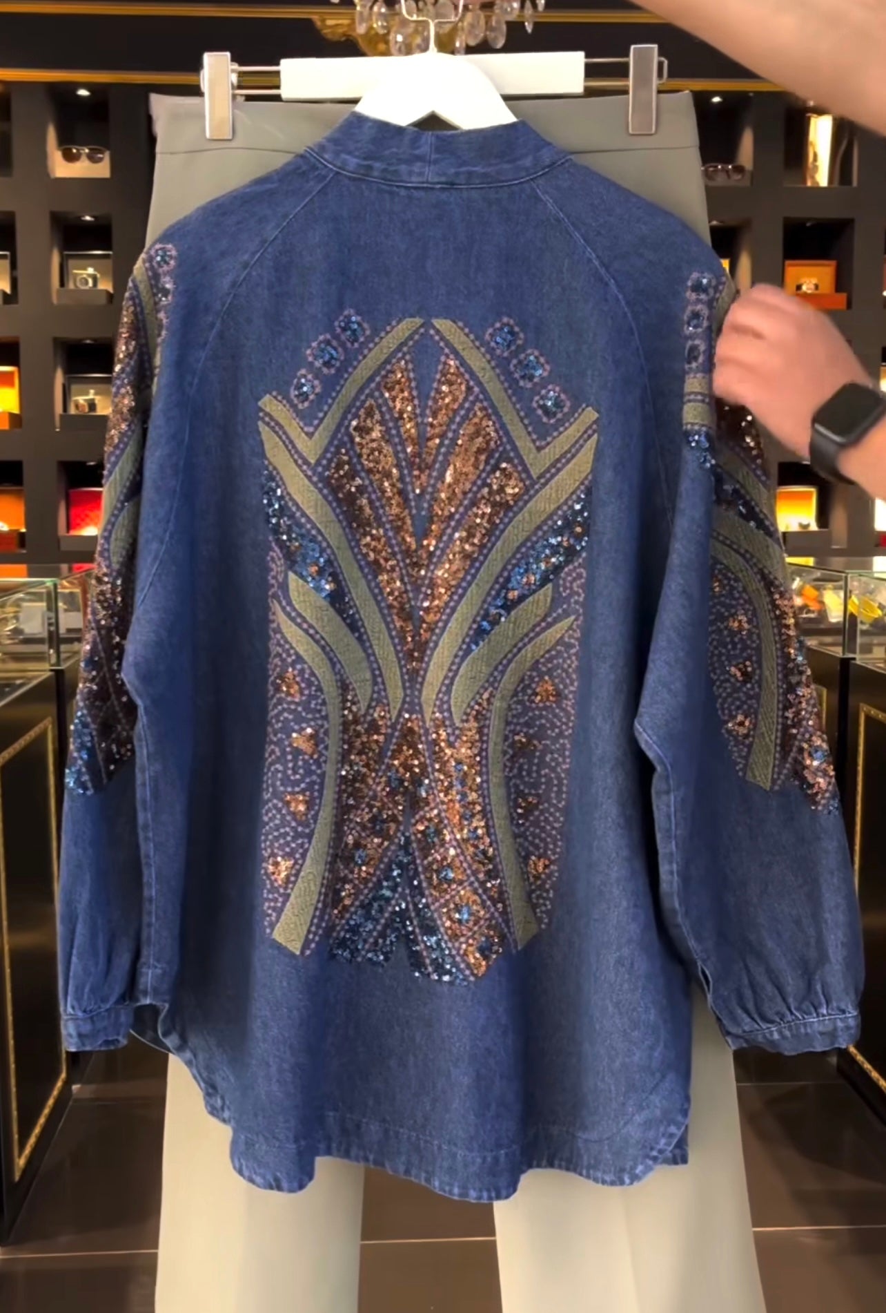 Dark Blue Denim Embroidered Sequin Kimono