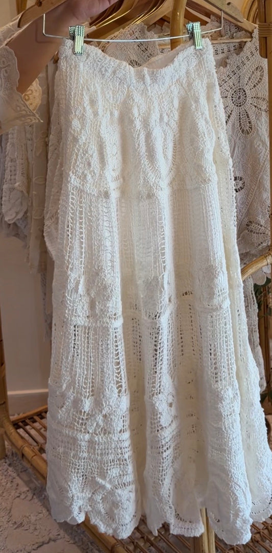 Cotton Lace & Crochet White Elastic Waist Skirt