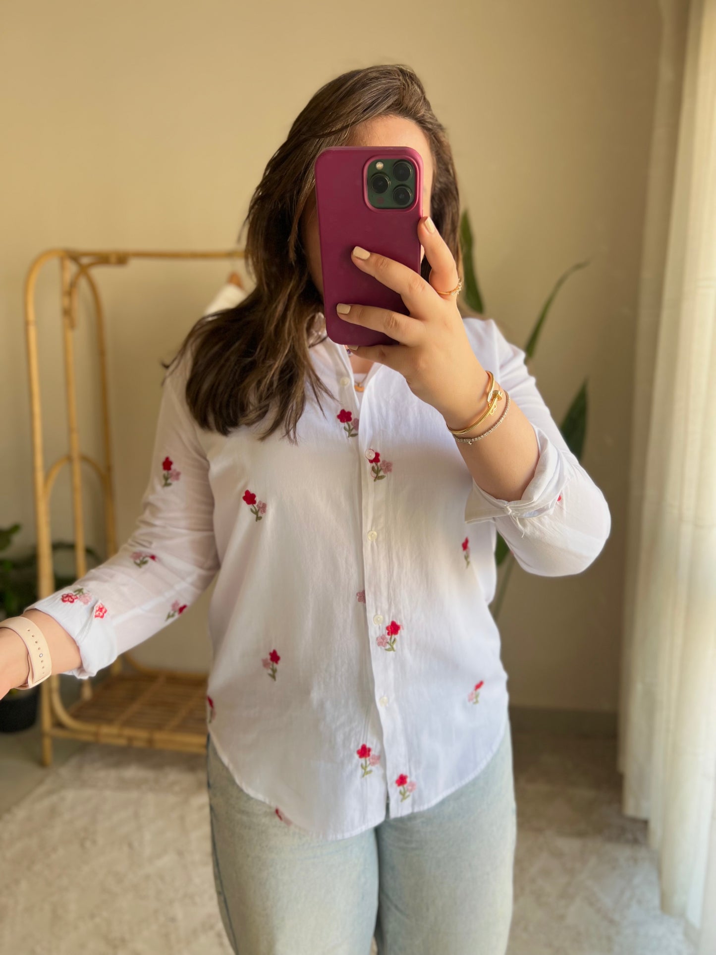Embroidered Floral Red White Shirt