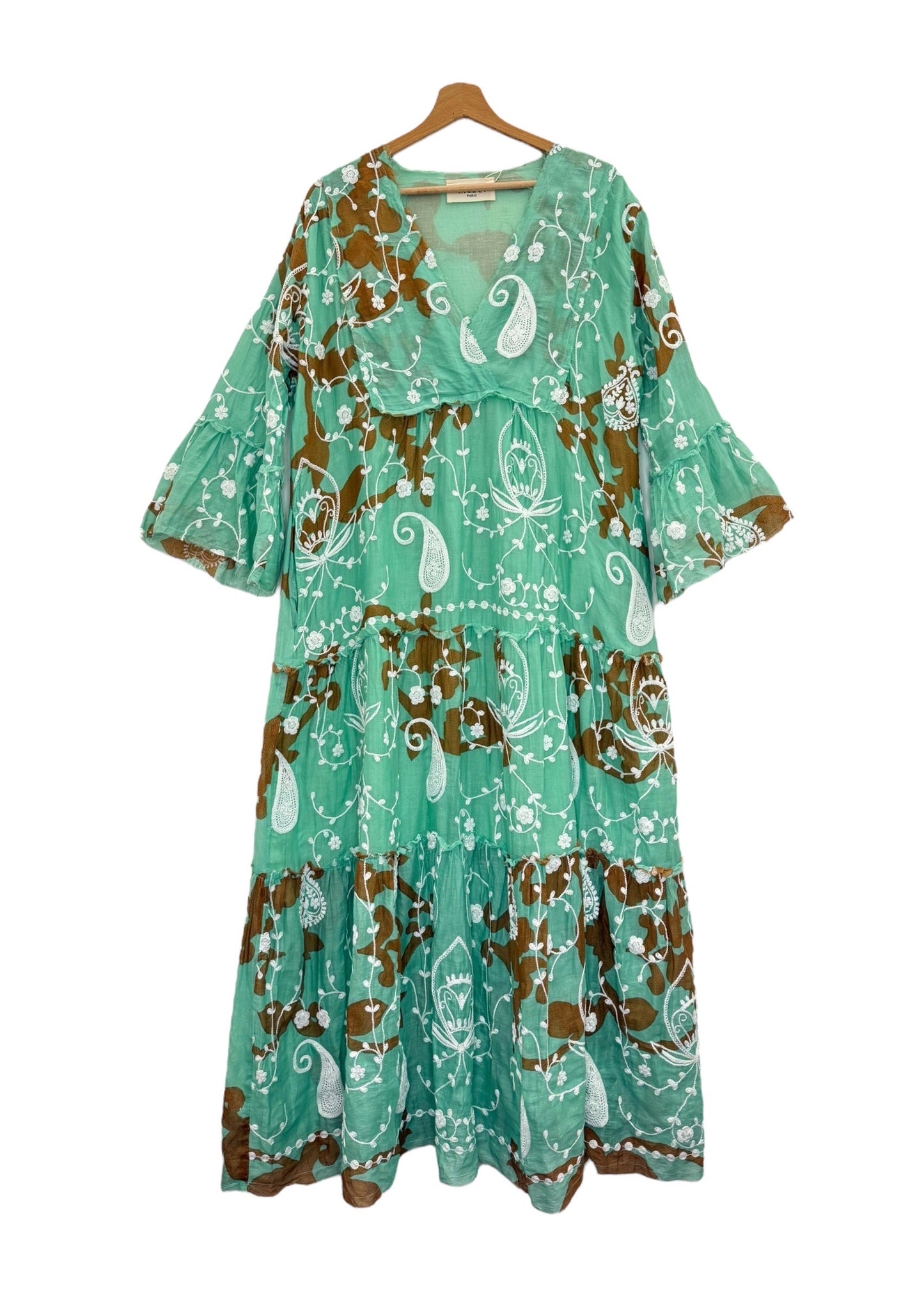 The French Aqua Brown Embroidered Paisley Dress